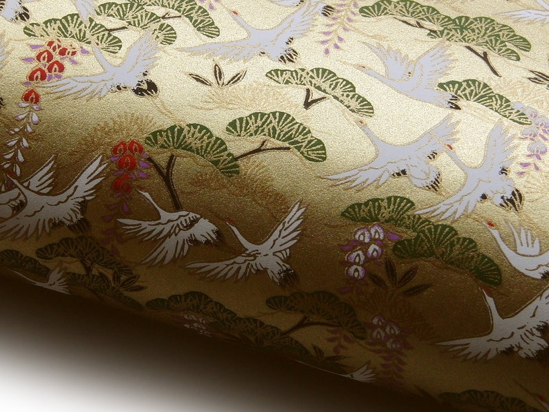 NEW Japanese Paper Yuzen Cranes, Japanese Pine and Wisteria on Gold. Chiyogami image 7