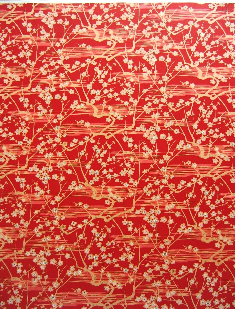 Japanese Paper Yuzen Plum Blossoms. Orange with White and Gold on Red. Chiyogami image 4