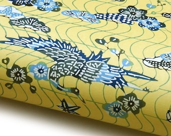 Japanese Paper Katazome shi "Cranes, Plum Blossoms, Pine and Maple. Blue and Grey on Yellow."
