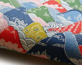 NEW! Japanese Paper Katazome shi "Hillscape with Blossoms, Waves and Grasses. Red, Blue, Yellow, Green and Pink.."