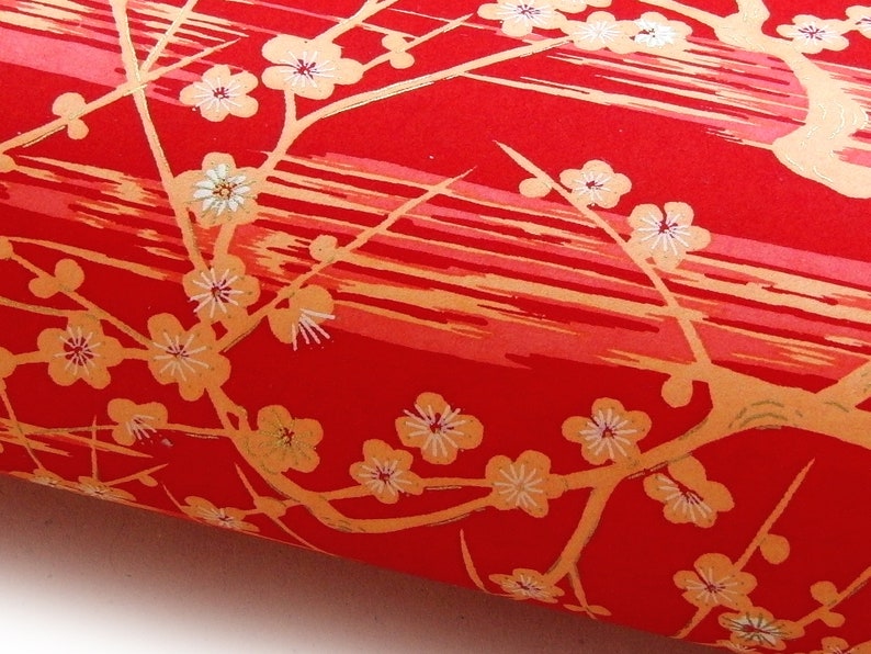 Japanese Paper Yuzen Plum Blossoms. Orange with White and Gold on Red. Chiyogami image 7