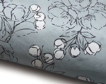 Lokta Paper "Cherry Blossoms". Light Blueish Grey/White/Brown. Handmade Nepalese Paper. Silk Screen Printed.