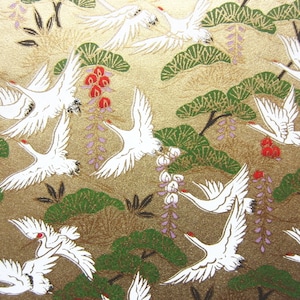 NEW Japanese Paper Yuzen Cranes, Japanese Pine and Wisteria on Gold. Chiyogami image 4