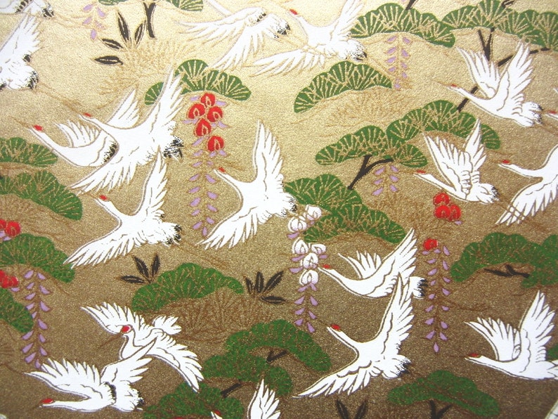 NEW Japanese Paper Yuzen Cranes, Japanese Pine and Wisteria on Gold. Chiyogami image 4