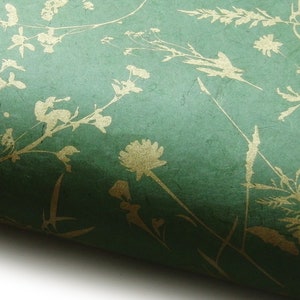 Lokta Paper "Meadow". Wood Green/Gold. Handmade Nepalese Paper. Silk Screen Printed.
