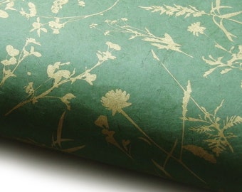 Lokta Paper "Meadow". Wood Green/Gold. Handmade Nepalese Paper. Silk Screen Printed.