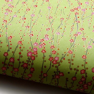 Papier japonais Chiyogami "Fleurs de prunier. Rose sur vert clair."