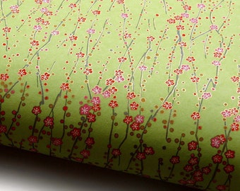 Japanese Paper Chiyogami Yuzen "Plum Blossoms. Pink on Light Green."