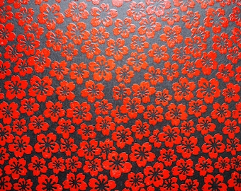 Japanese Lacquered Paper "Cherry Blossoms. Red on Black." Yuzen