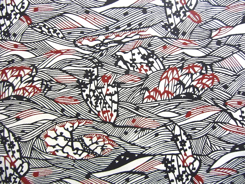 Japanese Paper Katazome shi Landscape. Black and Reddish Brown on Natural White. image 2