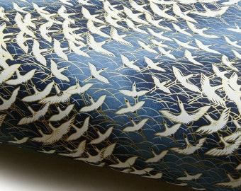 Japanese Paper Yuzen "Cranes Flight Above Ocean. White and Gold on Blue." Chiyogami