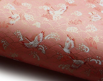 Japanese Paper Yuzen "White Cranes Above Pink Ocean." Chiyogami