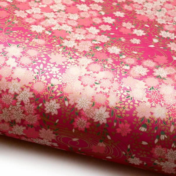 Japanese Paper Yuzen "Sakura and Kawa – Cherrry Blossoms and Streams. Pink, White, Green and Gold on Dark Pink." Chiyogami