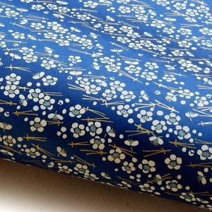 Japanese Paper Yuzen Plum Blossoms and Pine Needles. White and Gold on Blue Chiyogami image 1