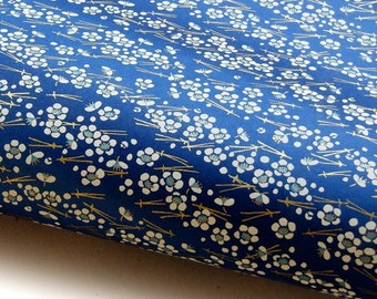 Japanese Paper Yuzen "Plum Blossoms and Pine Needles. White and Gold on Blue" Chiyogami