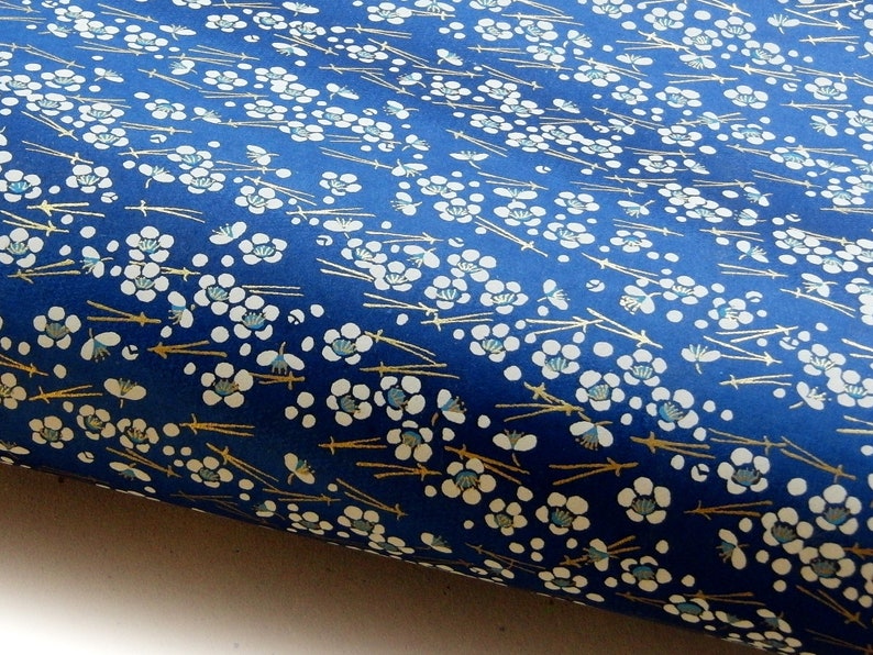 Japanese Paper Yuzen Plum Blossoms and Pine Needles. White and Gold on Blue Chiyogami image 1