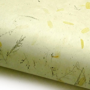 Könnte beinhalten: Nahaufnahme von handgeschöpftem Papier in einem hellgelb-grünen Farbton. Das Papier ist mit getrockneten Blättern, kleinen Zweigen und gelben Blütenblattformen versehen. Das Papier ist gerollt und zeigt seine Textur und natürlichen Elemente.