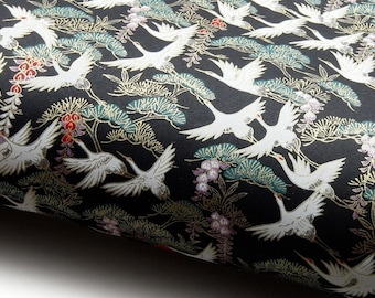 Japanese Paper Yuzen "Cranes, Japanese Pine and Wisteria on Black." Chiyogami