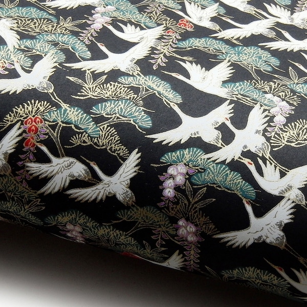 Japanese Paper Yuzen "Cranes, Japanese Pine and Wisteria on Black." Chiyogami