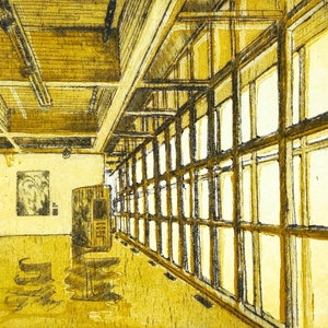 May include: A yellow and brown ink drawing of a room with a large window. The window is divided into many panes and is letting in light. The room is empty except for a few pieces of furniture.