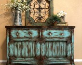 Vintage Hand Painted Aqua Patina All Weathered Out Buffet Media Console Dresser Entertainment Cabinet Rustic Farmhouse
