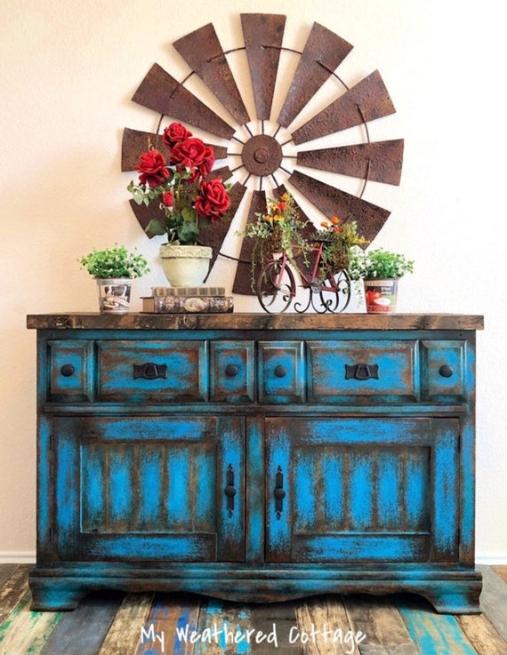 Repurposed Rustic Painted Furniture Farmhouse Upcycled Custom Repurposed Rustic Painted Furniture, Hand Painted Distressed Turquoise Finish Console Table