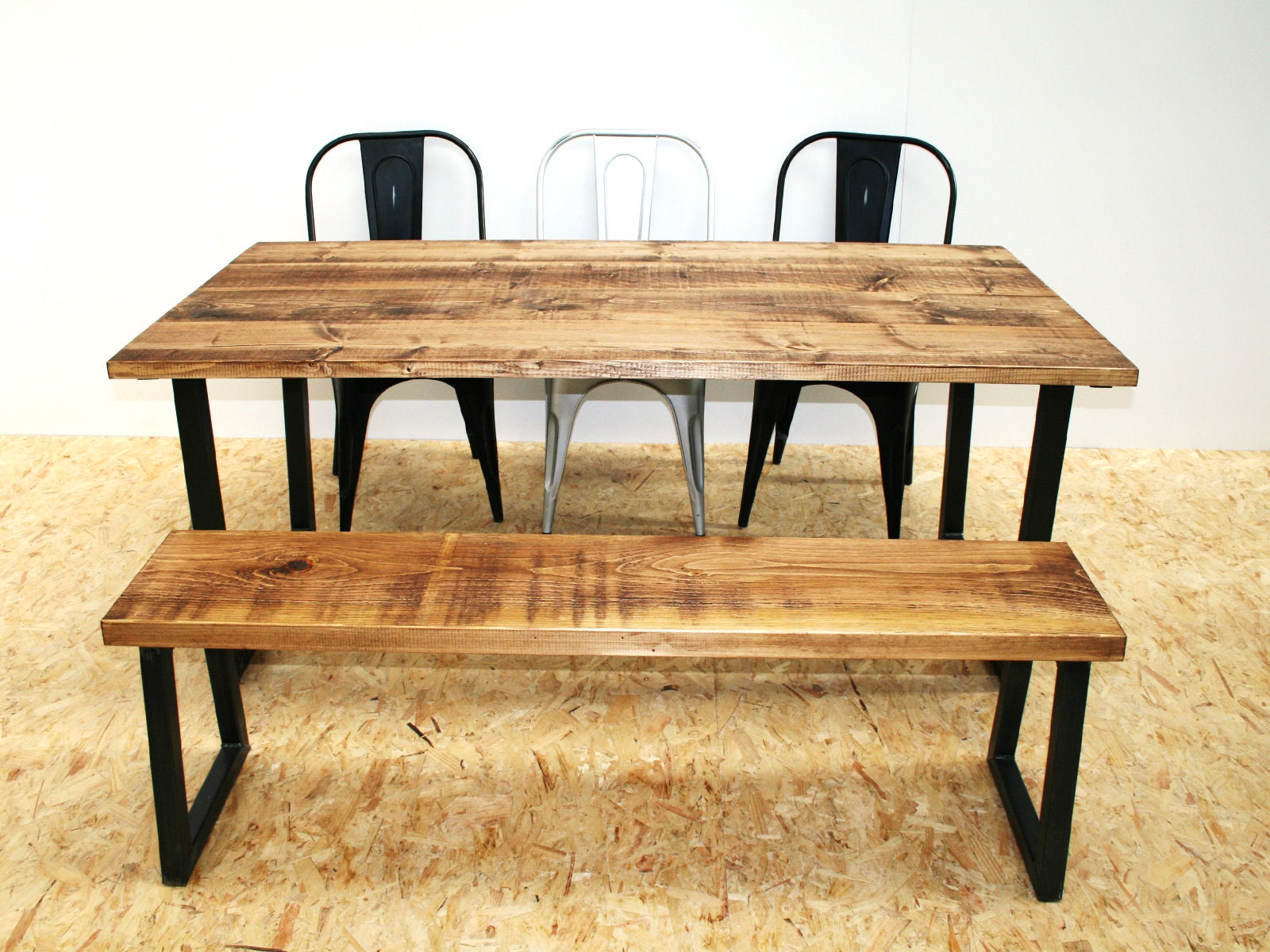 Industrial Reclaimed Wood Dining Table And Bench Rustic Etsy
