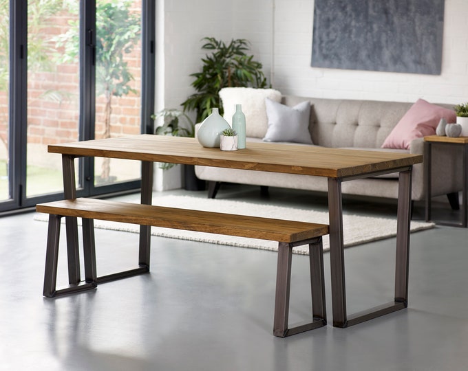 Industrial Dining Table and Bench With Silver Steel Leg Hand Etsy UK