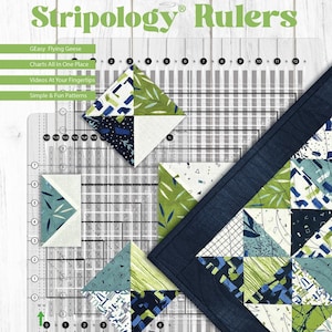 May include: A clear quilting ruler with the text "Master Your Stripology Rulers" and "GEasy Flying Geese". The ruler is used for cutting fabric for quilting projects. The image shows examples of fabric pieces in blue, green, and white.