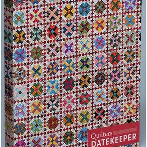 May include: A red, white, and blue patchwork quilt pattern on the cover of a datekeeper for quilters. The text "Quilters DATEKEEPER" is printed in white on a red background.