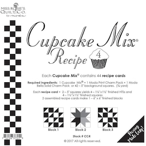 May include: A white and black recipe card for a Cupcake Mix, with the text "Cupcake Mix Recipe". The card includes instructions for making quilt blocks, with examples of Block 1, Block 2, and Block 3. The card also includes the text "Piecing Made Easy!"