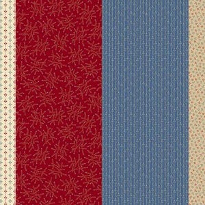 May include: A collection of fabric swatches with various patterns. The swatches feature designs in red, blue, and cream colors. Patterns include gingham, small geometric shapes, and floral and swirl designs. The fabrics are arranged in vertical stripes.