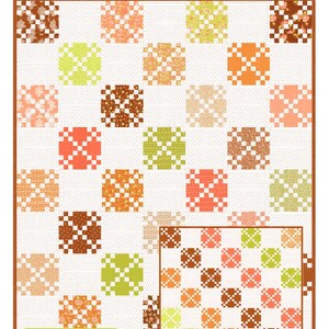 May include: A quilt with a repeating nine-patch pattern in shades of brown, orange, peach, and green on a white background. The words "Nine Patch Blooms" are at the top. The words "Layer Cake Friendly" are in a green box.