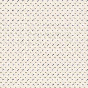 May include: A repeating pattern of small, stylized floral motifs in navy blue and brown on a cream background. The design is evenly spaced, creating a subtle, all-over texture suitable for fabric or wallpaper.