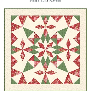 May include: A square quilt pattern titled "Frontier" with a cream background and a geometric design. The design features red floral print and green triangles, with a quilt size of 33.5 inches by 33.5 inches.