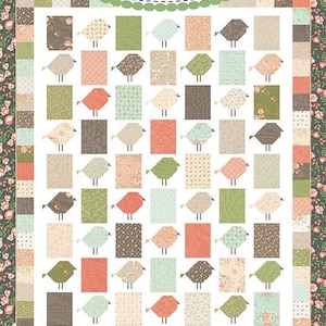 May include: A quilt pattern titled Chickadee by Coriander Quilts featuring a grid of alternating rectangular blocks and stylized bird shapes in shades of coral, sage green, brown, and cream, surrounded by a floral border with scalloped edges.