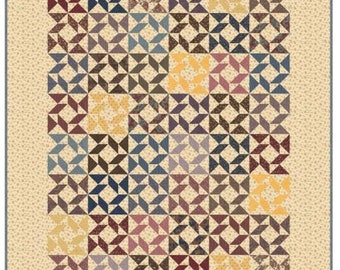May include: A quilt pattern with a repeating design of triangles in shades of brown, blue, yellow, and red. The triangles are arranged in a way that creates a starburst effect.