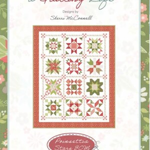 May include: A quilting pattern titled "a Quilting Life" with a design by Sherri McConnell. The pattern features a quilt with star-shaped blocks in red, green, and white. The text "Poinsettia Stars BOM" is also visible.
