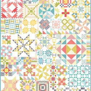 May include: A quilt pattern with a variety of colorful patchwork squares, including pink, yellow, blue, and green. The squares are arranged in a grid pattern, and each square features a different design.