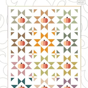 May include: A quilt pattern titled "Pick of the Patch" with a finished size of 62" x 82". The design features repeating star and pumpkin motifs in shades of orange, green, brown, and purple on a white background.