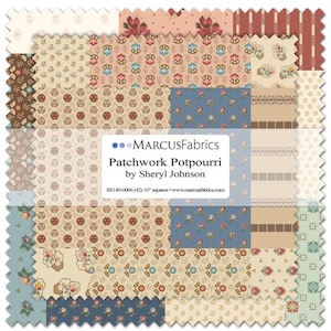 May include: A patchwork fabric square set featuring various floral and geometric patterns in shades of beige, blue, brown, and pink. The fabric squares are 10 inches each and are labeled "Patchwork Potpourri" by Sheryl Johnson.