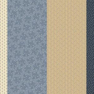 May include: A collection of 10 fabric swatches in various shades of blue and beige with different patterns, including polka dots, stripes, and floral designs.