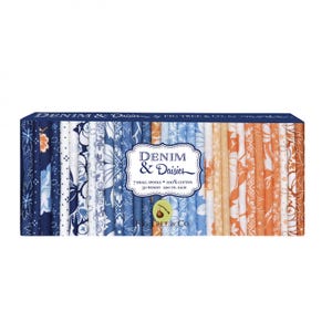 May include: A box of 7 small spools of 100% cotton fabric in a blue and orange color scheme. The fabric is printed with a variety of floral patterns. The box is labeled "Denim & Daisies" by Fig Tree & Co.