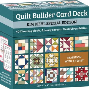 May include: A teal box set titled "Quilt Builder Card Deck" with the text "KIM DIEHL SPECIAL EDITION." The box features colorful quilt block designs and the text "40 Charming Blocks, 8 Lovely Layouts, Plentiful Possibilities." The cards are 4" x 4".