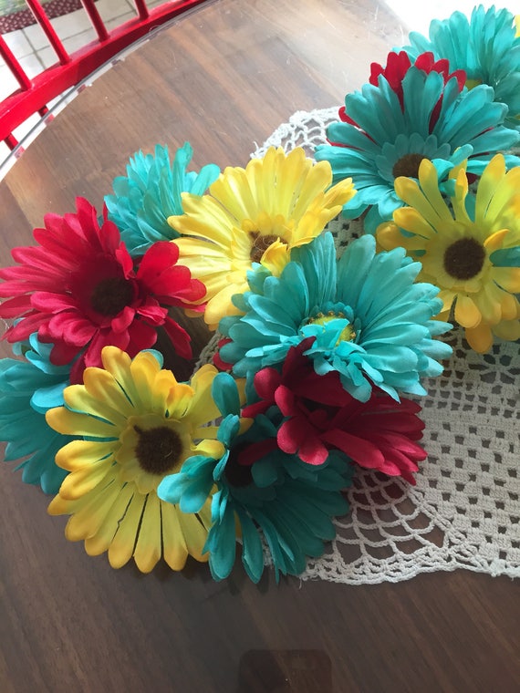 Center piece Hand made candle ring Teal and yellow and red Etsy