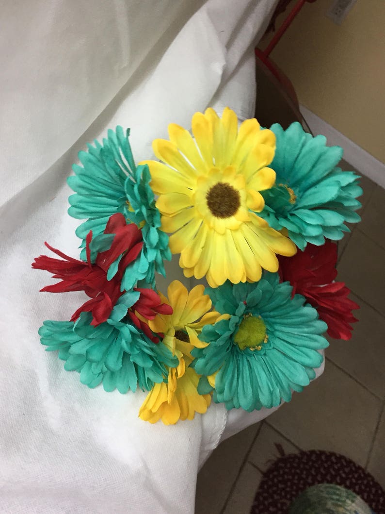 Center piece Hand made candle ring Teal and yellow and red Etsy