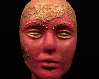 Head Art Female Mannequin Head OOAK Fantasy Mixed Media Styrofoam Metallic Gold Texture Mediums Decoupage Art Pink Gold Wig Hat Display