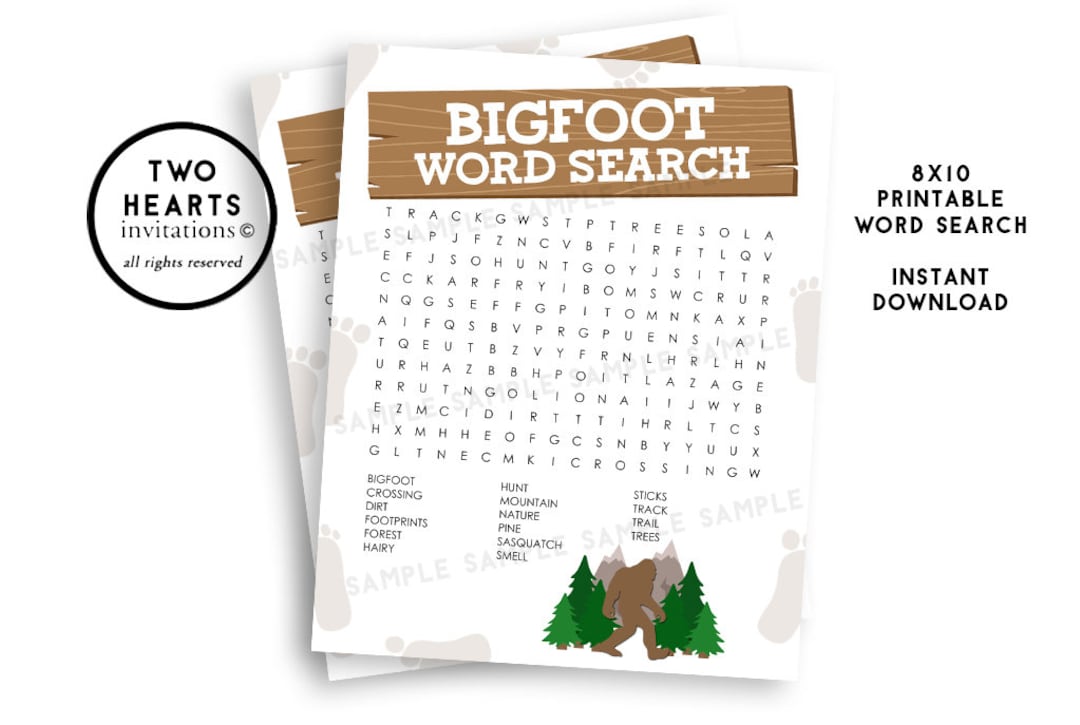 Bigfoot Word Search Printable Games Instant Download Digital 8x10 Sasquatch Birthday Party Etsy