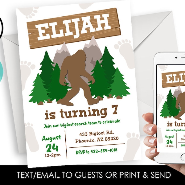 Editable Bigfoot Birthday Invitation Invite Digital Kids 5x7 Bundle Set Big Foot Sasquatch ANY AGE