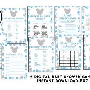Printable Mickey Games Baby Shower Instant Download 5x7 Mouse Silver Blue Sprinkle Bundle Game